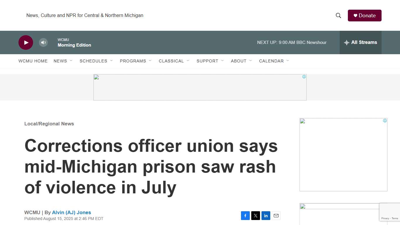 Corrections officer union says mid-Michigan prison saw rash of violence in July | WCMU Public Radio
